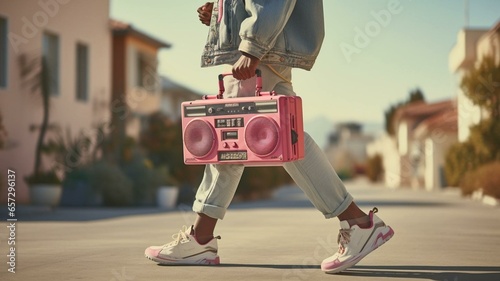 Person walking with a pink boom box photo