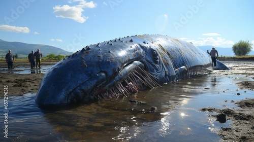  Sperm whale, a marine mammal washed ashore. A large representative of cetaceans. A terrifying animal requiring help. Endangered species of marine life. Concept: animal protection