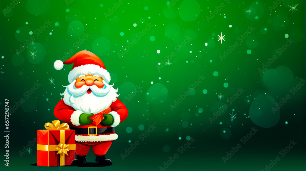 Christmas card with santa claus holding gift box with snowflake in the background.