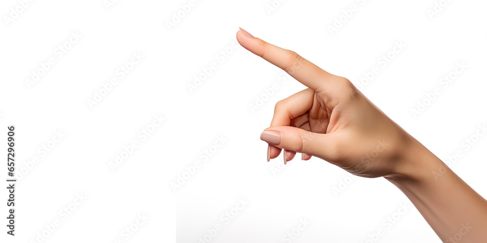 Female caucasian hands isolated white background showing gesture points finger to something or someone. woman hands showing different gestures - obrazy, fototapety, plakaty 