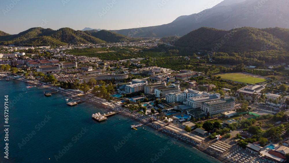 Aerial view of of coastal area of Kemer, Turkish beach resort city