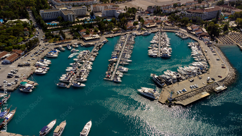 Aerial view of of port and coastal area of Kemer, Turkish beach resort city