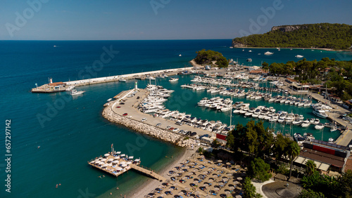 Aerial view of of port and coastal area of Kemer, Turkish beach resort city