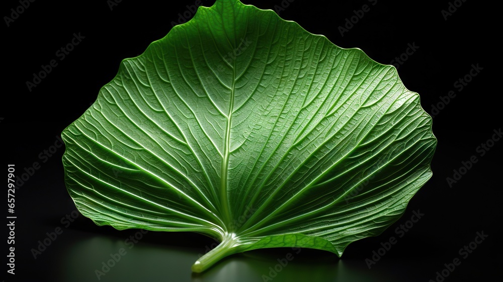 Fototapeta premium a large green leaf on a black surface with a black background. generative ai