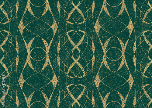 Wallpaper Mural Hand-drawn unique abstract symmetrical seamless gold ornament and splatters of golden glitter on a dark cold green background. Paper texture. Digital artwork, A4. (pattern: p10-3b) Torontodigital.ca