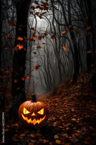 On a chilling Halloween night, a blazing Jack o' Lantern stands as a solitary beacon in a forest covered in gloom. Its fiery grin cuts through the darkness, casting eerie shadows on the gnarled trees  © SardarMuhammad