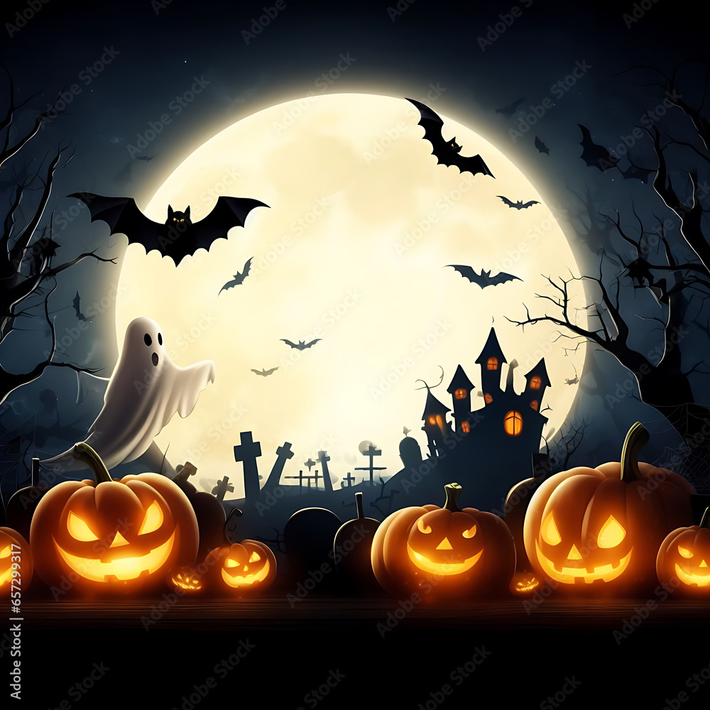 Halloween background with pumpkins and haunted house.Halloween background with Evil Pumpkin. Spooky scary dark Night forest. Happy halloween banner background