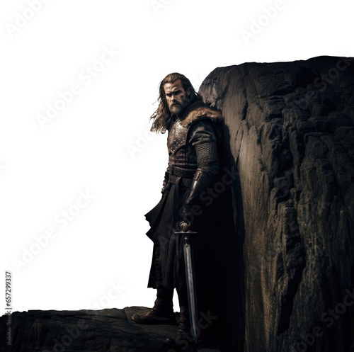 Majestic Viking Hero with Sword - Transparent Background PNG Image of a Fierce Norse Warrior in Fur Garb. long hair and beard. odin, thor, loki, freyr, tyr, baldur, heimdall, fenrir, ymir