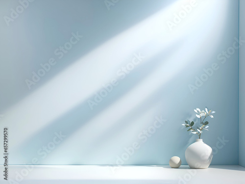 Minimal light blue background for product presentation with white light coming from a window. plant in a small vase on the ground. product wall mock up.