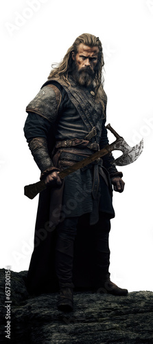 A handsome tough looking viking warrior. full view. transparent background isolated PNG. sword, battle axe. fur coat. odin, thor, loki, freyr, tyr, baldur, heimdall, fenrir, ymir