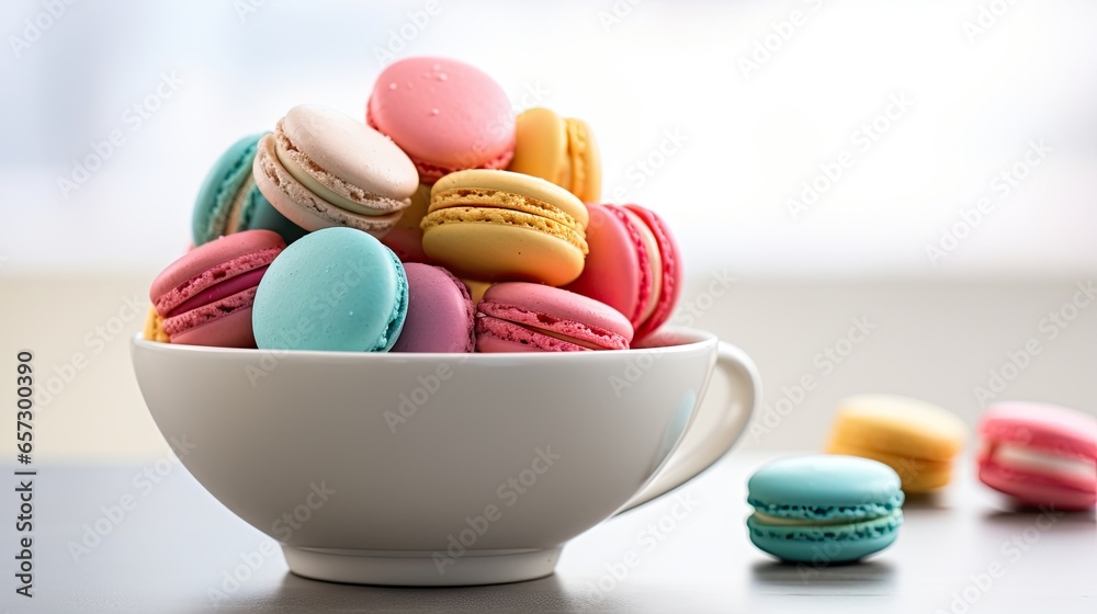 a white bowl filled with colorful macaroons on top of a table. generative ai a white bowl filled with colorful macaroons on top of a table. generative ai