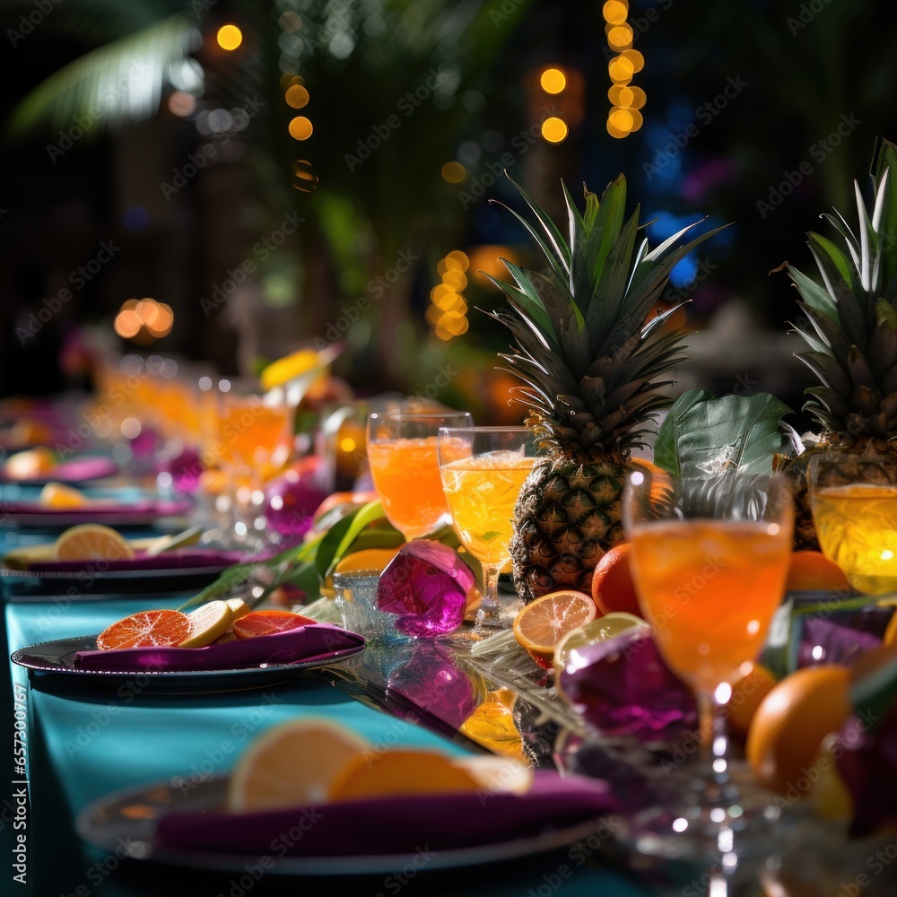 Vibrant tropical theme with colorful decorations and fruit displays