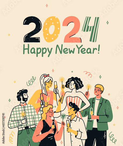 2024 happy new year greeting inscription and people celebrating