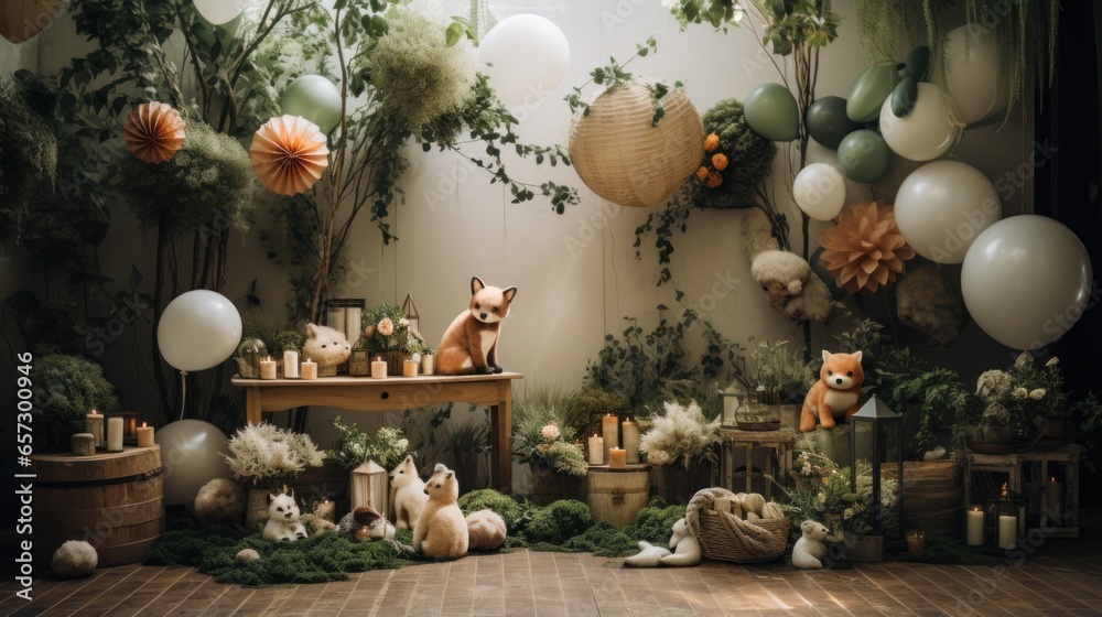 Whimsical woodland theme with animal decor and greenery garland