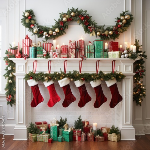 Bold and bright red and green mantle display with stockings and garland