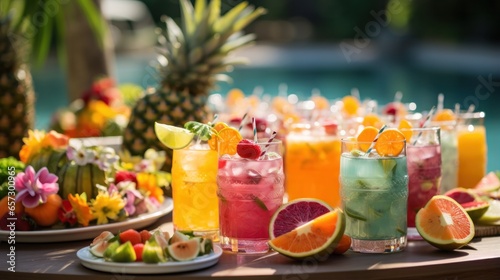 Vibrant tropical theme with colorful decorations and fruit displays