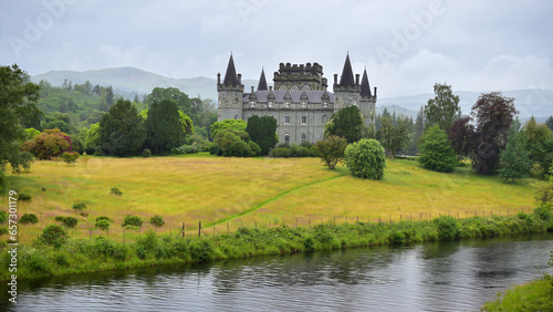 Inveraray Castle on the shore of Loch Fyne, view from a distance, Argyll county, Scotland