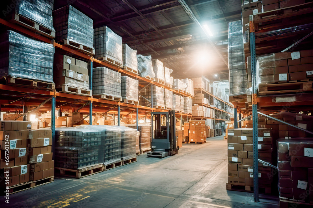 A warehouse filled with boxes and pallets A warehouse filled with boxes and pallets
