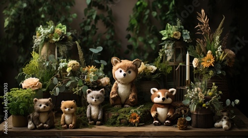 Whimsical woodland theme with animal decor and greenery garland