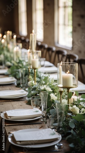 Minimalist white and green tablescape with eucalyptus and candles