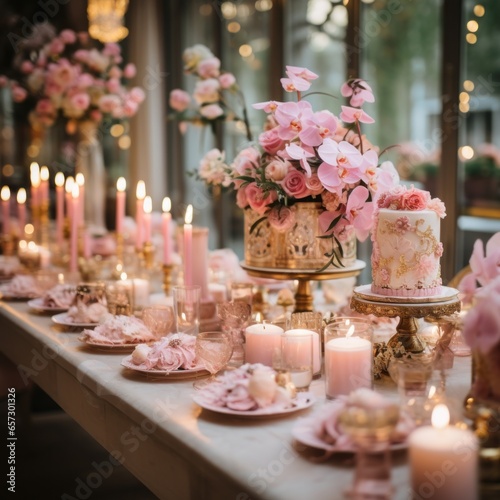 Cozy pink and gold setup with floral accents and desserts