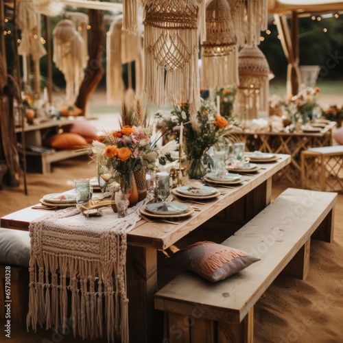 Gender-neutral boho chic setup with macrame and floral arrangements