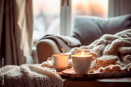 Two cups of coffee on a table with a cozy blanket