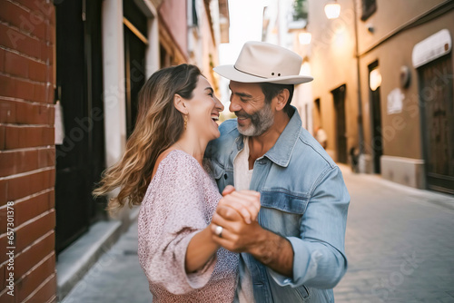 A couple dancing on a vibrant city street