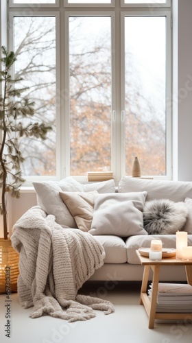 Scandinavian-inspired living room with minimalist tree and cozy blankets