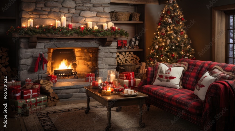 Cozy living room with Christmas tree, stockings, and fire crackling Cozy living room with Christmas tree, stockings, and fire crackling