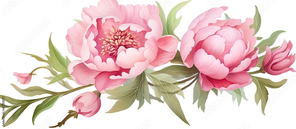 Watercolor Peony Flower and Leaves Painted by hand With copyspace for text