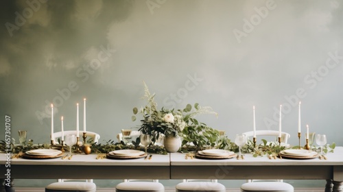Minimalist white and green tablescape with eucalyptus and candles