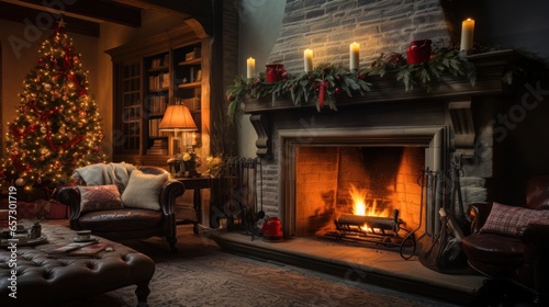 Cozy living room with Christmas tree  stockings  and fire crackling