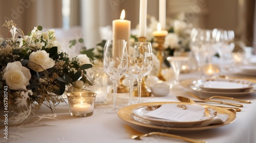 Elegant gold and white table setting with wreath and candles