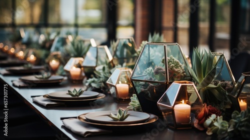Modern geometric setup with gold accents and succulent favors
