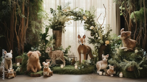 Whimsical woodland theme with animal decor and greenery garland