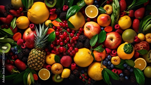  a large amount of fruit is arranged in a pattern on a black background.  generative ai