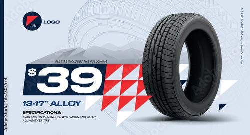 Tires car advertisement poster. Black rubber tyre set. Shining disk car wheel tyre. Summer or winter road. Information. Store. Landscape banner, digital print, flyer, booklet, brochure and web design.
