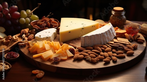  a wooden plate topped with cheese and nuts next to a glass of wine. generative ai