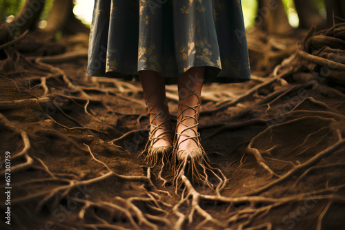 Woman legs in forest turning into tree roots grounded to earth. photo