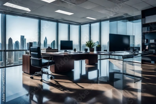 A corporate executive s office  featuring a sleek glass desk  a modern leather chair