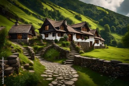 A cozy cottage tucked away on the slope of a green mountain  with a clean cobbled road winding down the hillside