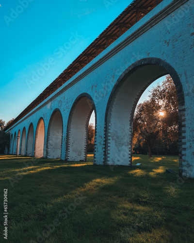 Rostokinsky aqueduct at sunset in Moscow