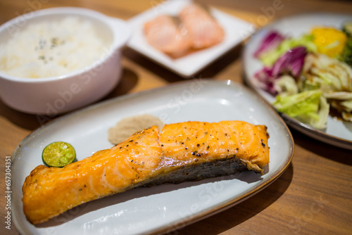 Fried salmon fillet dish in restaurant
