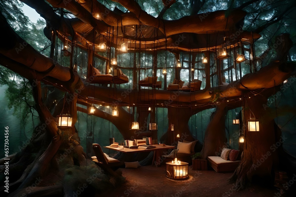 A magical treehouse library, perched high in the branches of an ancient tree