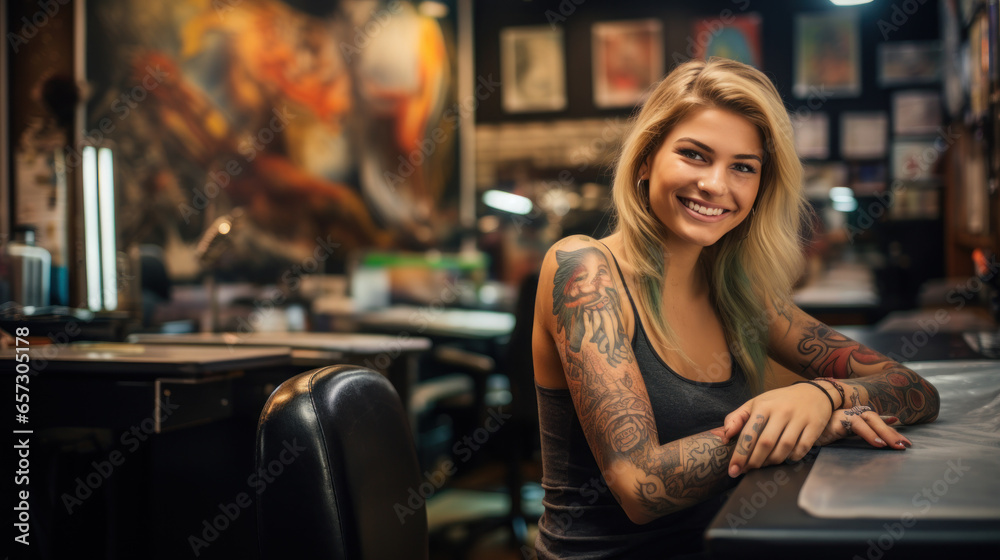 Young woman tattoo artist in a tattoo shop - obrazy, fototapety, plakaty 