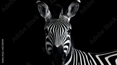  a close up of a zebra s head with a black background.  generative ai