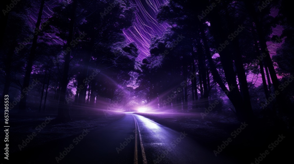 A dark road with a purple light coming from it