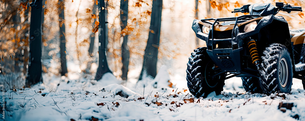 Front view of ATV in winter forest - obrazy, fototapety, plakaty 