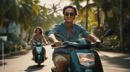 Tourist couple love smile driving motorcycle in Bali